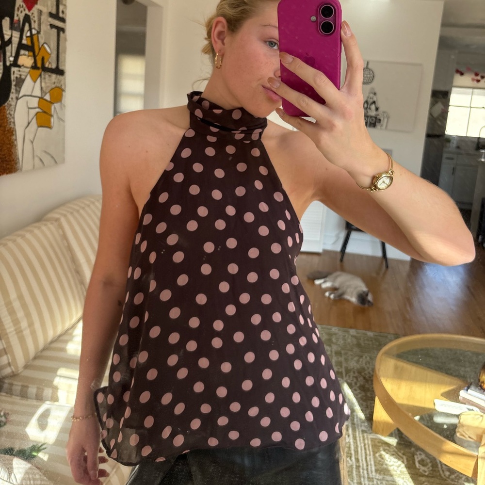Zara Brown and Pink Polka Dot Halter Mock Neck